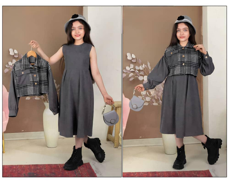 خرید کت و سارافون دخترونه عیدانه طوسی