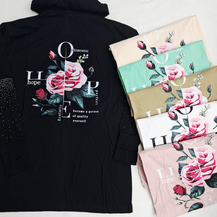 خرید بلوز کلاهدار فینگردار چاپ گل رز دخترانه زنانه